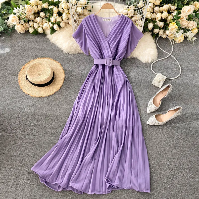 

Summer Women V-Neck Short-Sleeve Pleated Ruffles Chiffon Dress With Belt Lady Elastic Slim Waist Pullover Party Midi Chic Dress