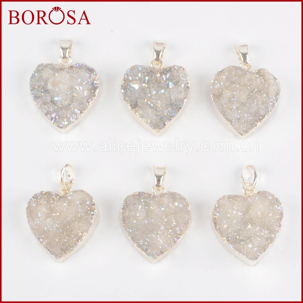 Женский кулон в форме сердца BOROSA серебряного цвета с натуральным кристаллом