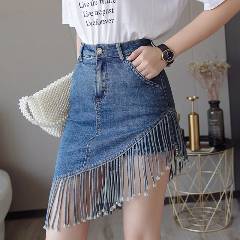 [EWQ] Высокая поясная сумка с бахромой сексуальная женская джинсовая юбка имитация