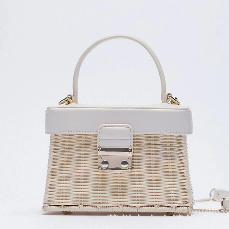 

Винтажная Плетеная соломенная женская сумка из искусственной кожи, коробочка из ротанга, сумки через плечо для женщин, дизайнерская соломе...