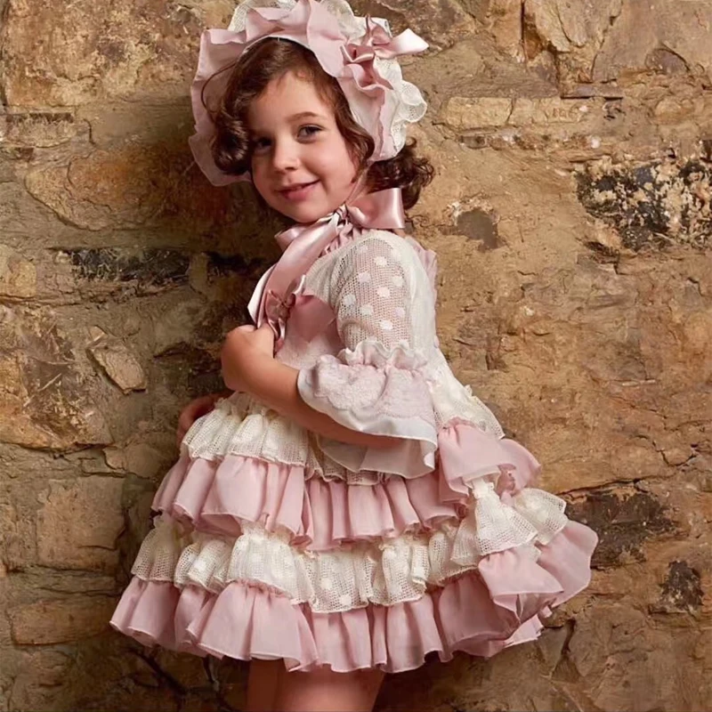 Для маленьких девочек сезон весна лето розовое кружевное винтажное бальное