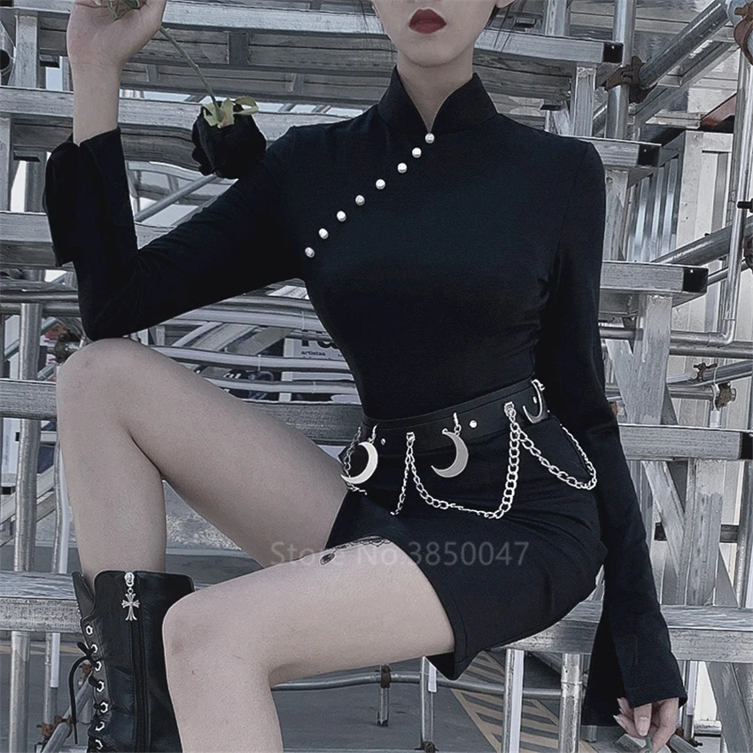 Черный готический Cheongsam Разделение платье для женщины в китайском стиле