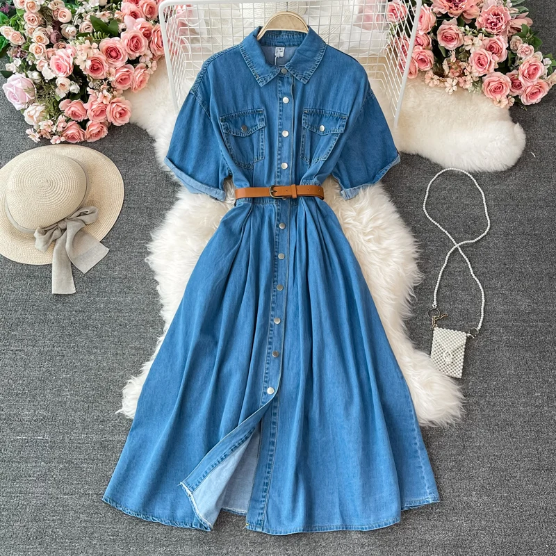 

Summer new denim Dress Lapel temperament casual waist waist woman dress Short sleeve Korean version dresses for women 2021