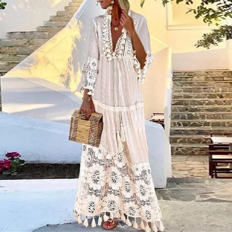 

New Summer Dresses Lace Fringed Stitching Beach Vacation Long Dress Ladies Deep V-neck Dress Boho Solid Color Big Swing Dress