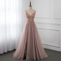 sweet dusty pink crystal prom dresses long straps spaghetti see through tulle evening gown slit right