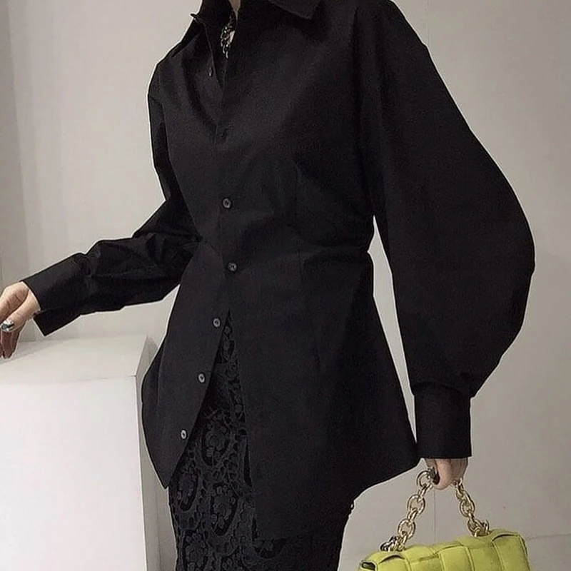 

GALCAUR Chic Style Shirts For Women Lapel Lantern Long Sleeve Ruched Tunic Slim Oversized Elegant Blouses Female 2020 Autumn New