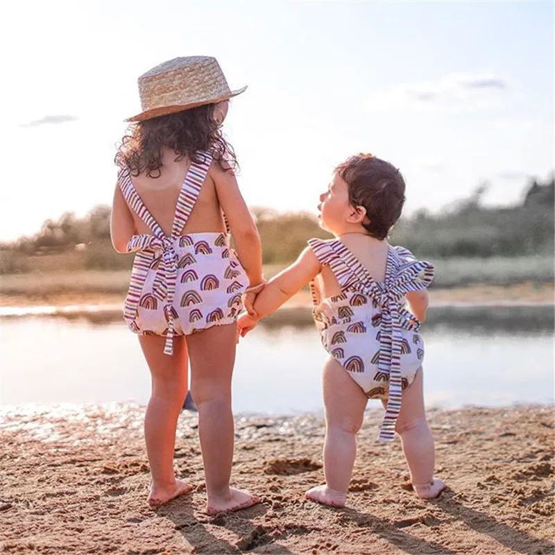 

Baby Sister Backless Sleeveless Rompers Infant Baby Girl Cotton Romper Lovely Embroidery Rainbow Printed Newborn Summer Clothing