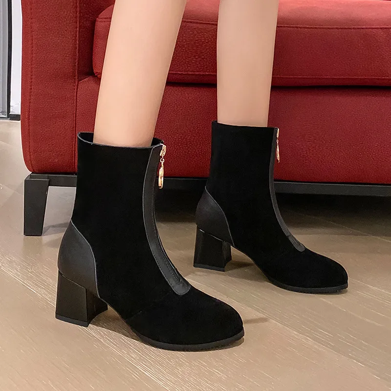 

MEMUNIA 2020 top quality suede leather +genuine leather ankle boots women round toe zip square heel classic casual shoes woman