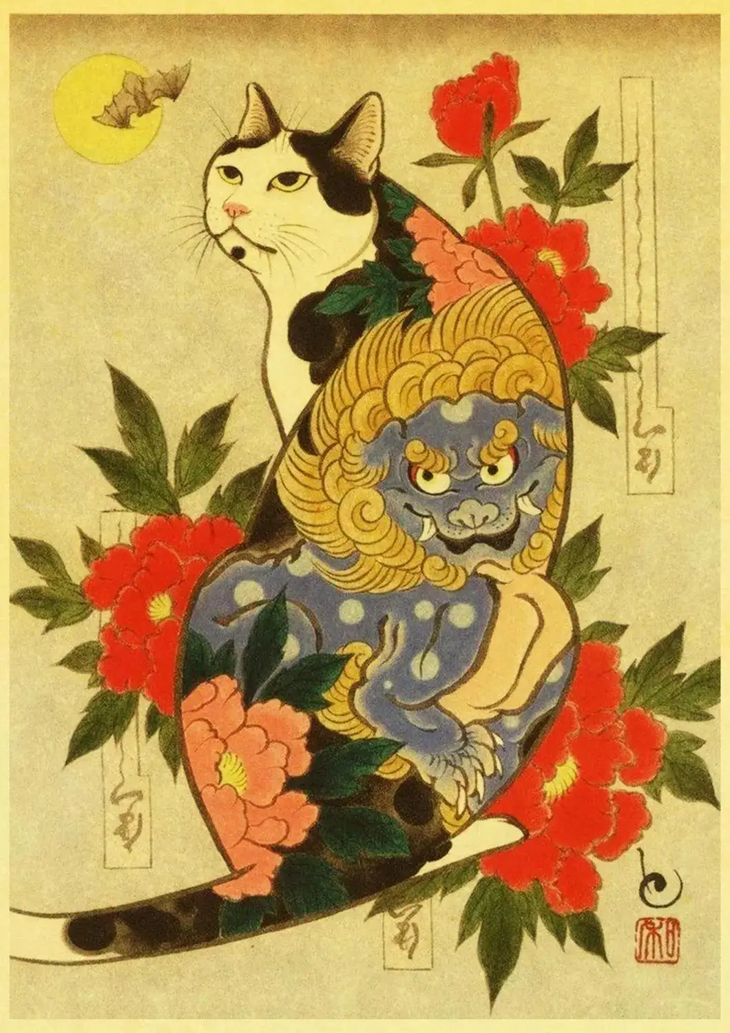 Винтажные японские обои в стиле ретро с рисунком самурайского кота | Дом и сад