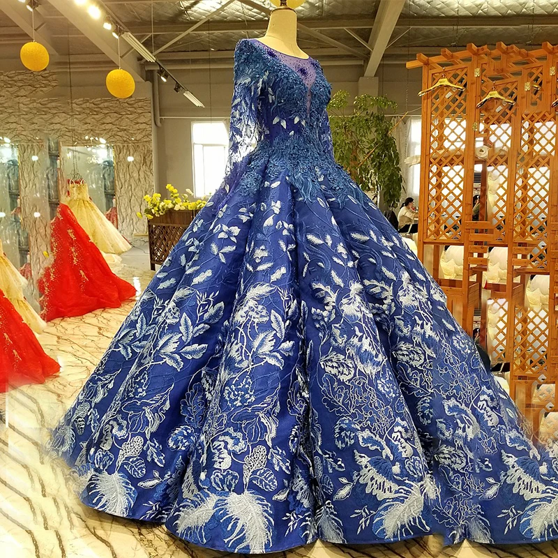 LS24788 Royal Blue Floor Length Puffy Evening Dress 2021 O-Neck Long Tulle Sleeves Women Occasion Gowns