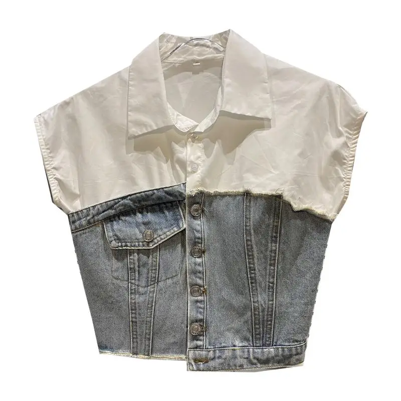 

2021 Summer New Stitching Short Denim Shirt Women Fashion Irregular Cotton Jeans Blouse Tops Girls Crop Tops Student Jean Shirts