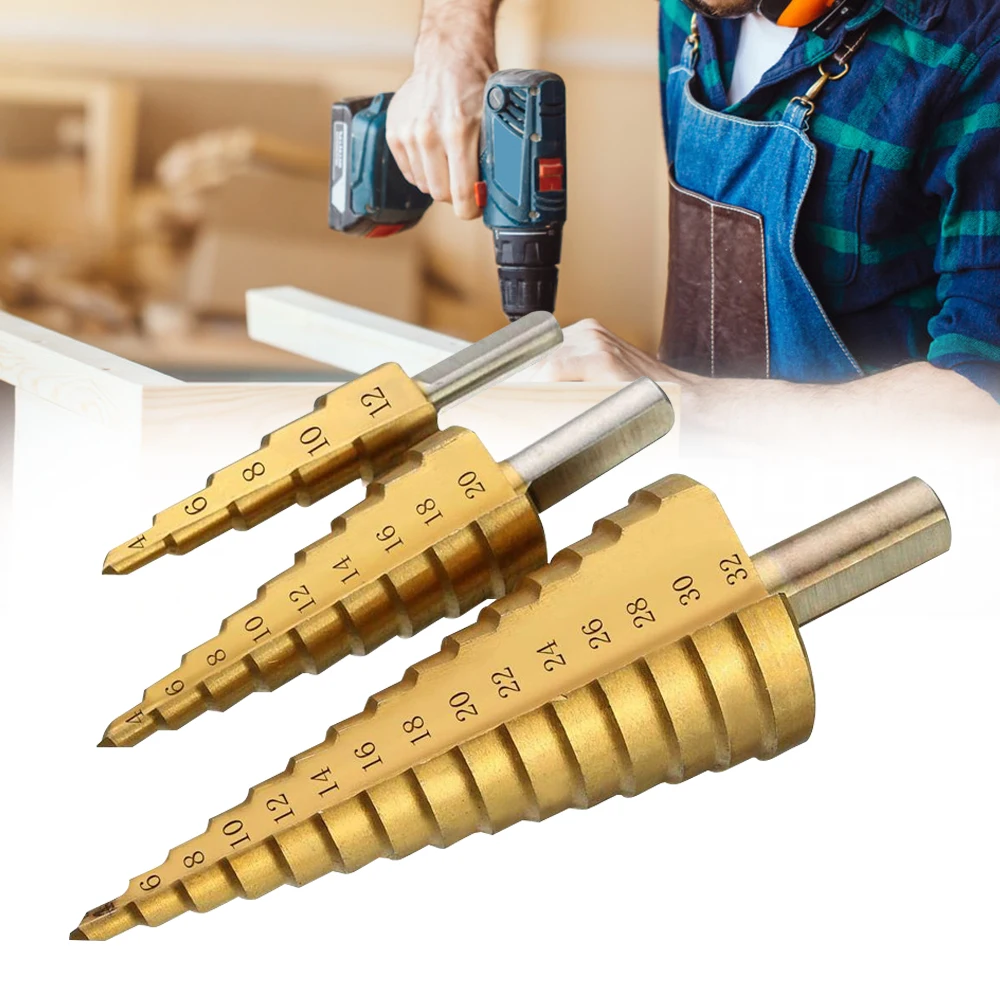 

3PCS Hexagonal Shank Straight Slot Pagoda Drill/Step Drill Metal Wood Hole Opener Core Drill Bit Set Titanium Coating