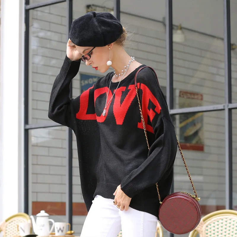Свитер женский оверсайз с круглым вырезом и надписью | Женская одежда