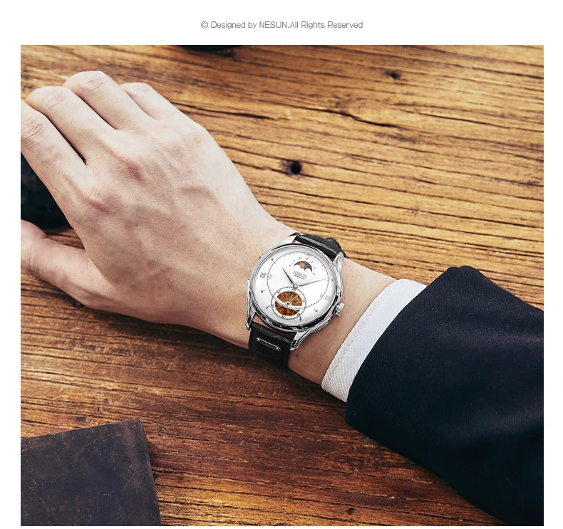 Nesun Tourbillion автоматические механические мужские часы с скелетом, роскошные Брендовые мужские часы, водонепроницаемые мужские часы, N9038-4