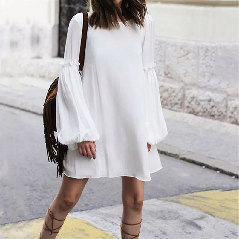 Off White ZANZEA, женское осеннее длинное платье с рукавом-фонариком,, сексуальное короткое платье с открытой спиной и оборками, однотонная длинная рубашка, женское платье размера плюс 5XL - Цвет: Off White
