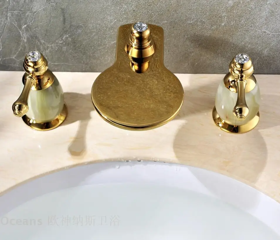 

European antique marble double the three-hole waterfall natural jade gold-plated copper basin taps full eight inches