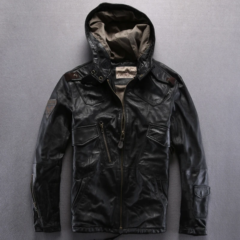 

Avirex New Men's Fly Hooded Sheepskin Jackets Black/Brown/Green Military flight jacket Casual Slim fit Pilot Jackets S-3XL