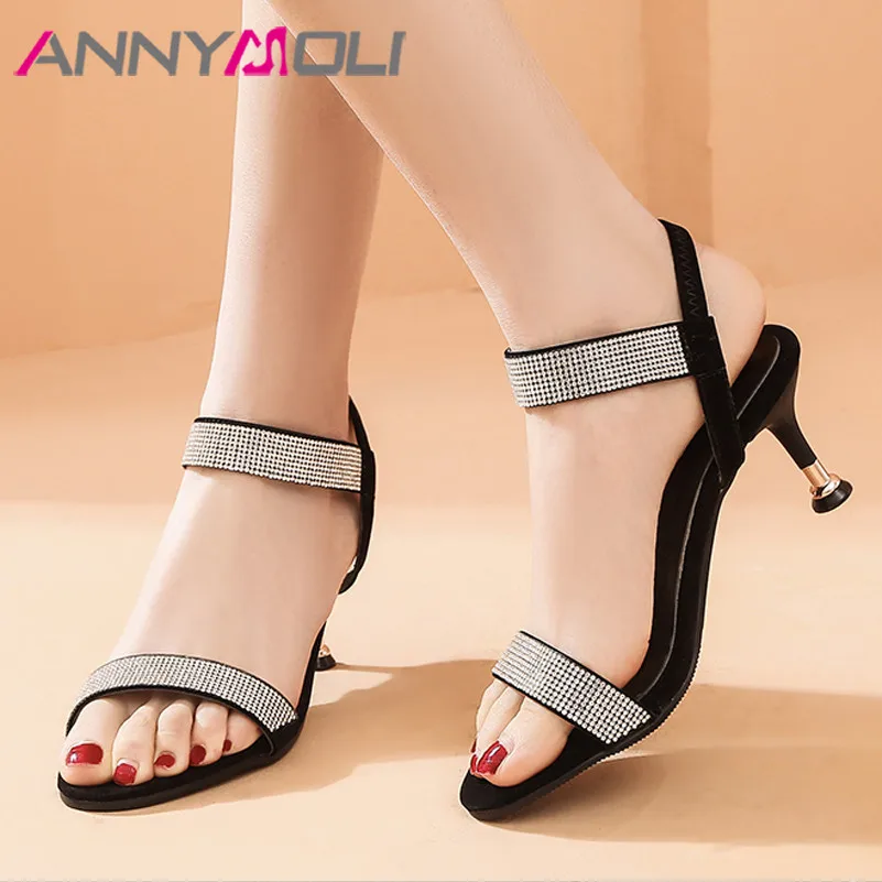 

ANNYMOLI Shoes Women Rhinestone High Heel Sandals Round Toe Thin Heels Footwear Ladies Summer Party Sandals Red Large Size 46