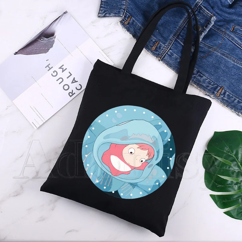 

Ponyo Canvas Simple Cartoon Print Shopping Bags Girls Fashion Life Casual Pacakge Hand Bag Black