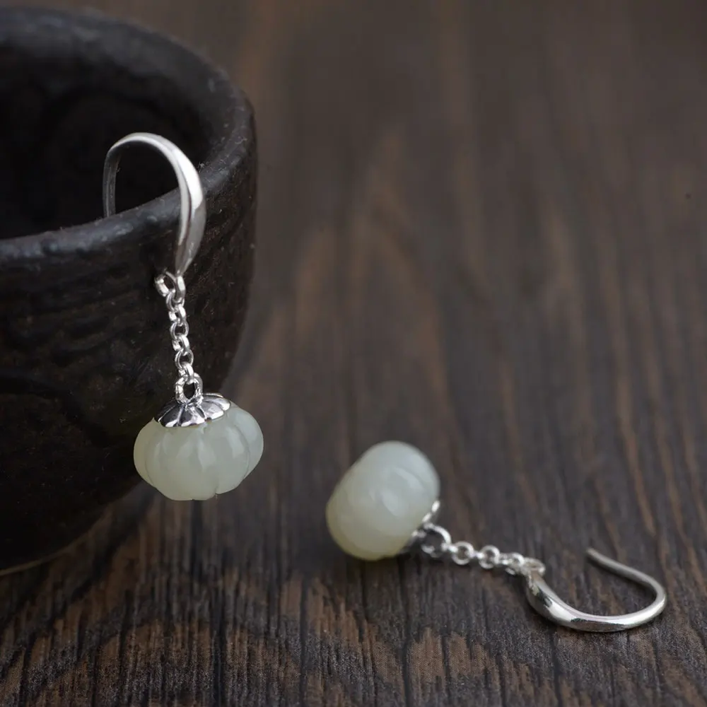 

FNJ Lotus Earrings 925 Silver 100% Pure Original S925 Silver Sterling Drop Earring for Women Jewelry Natural Jade