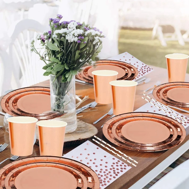 

24 гостей одноразовая посуда бумажные тарелки и стаканы салфетки бумажные соломинки для обеда для вечеринки, дня рождения для вечеринки в че...