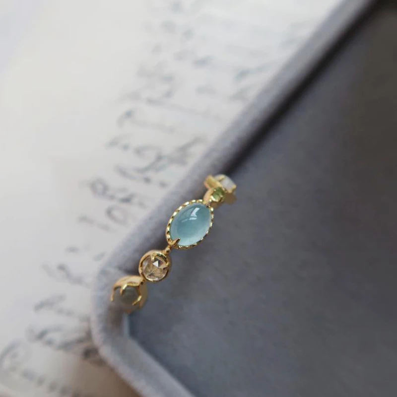 

Inspiration craft new silver inlaid sea blue colorful crystal geometric adjustable ring ladies exquisite charm jewelry