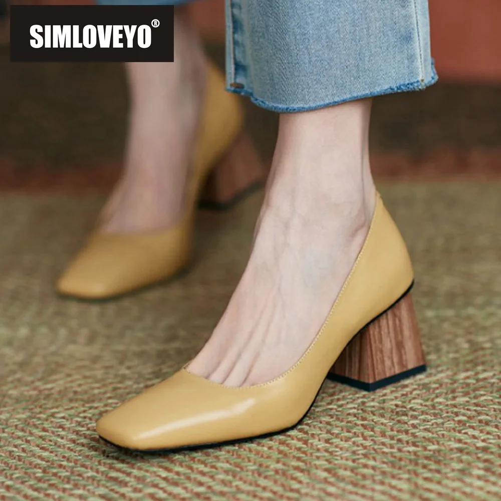 

SIMLOVEYO 2021 Square Toe Slip On Women Shoes Genuine Leather Shallow Ladies Spring Autumn Concise Square Wood High Heels Office