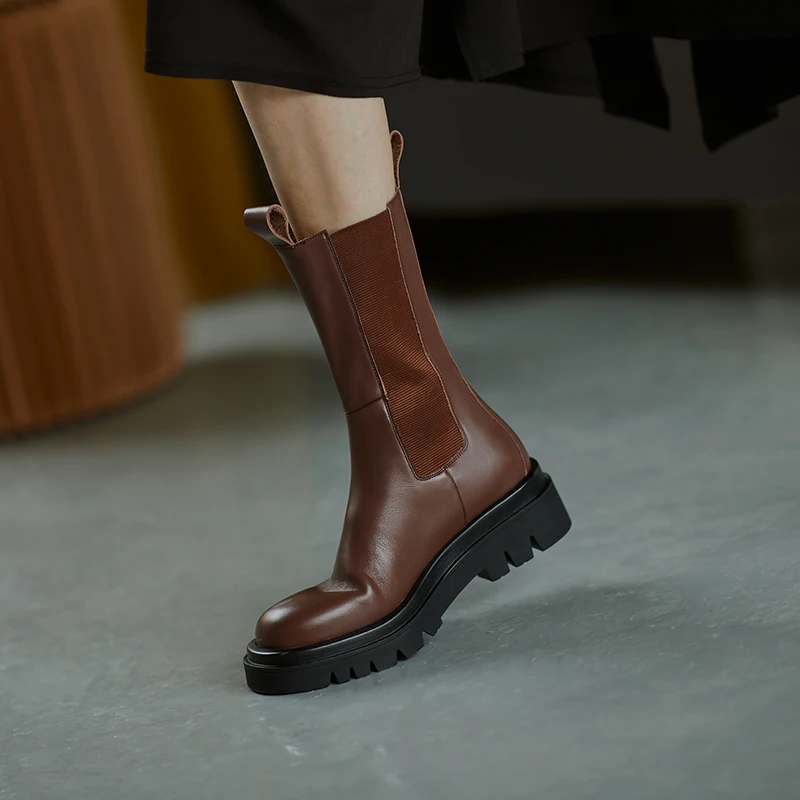 

Genuine Leather Women's Boots Fashion Elastic Band Thick Heels Pumps Casual Party Shoes Women Heels