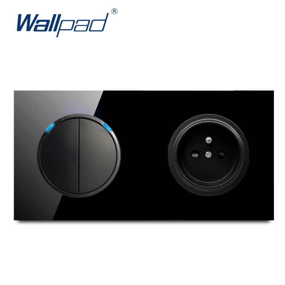 Wallpad 2 Gang Way EU 16A французская розетка Хрустальная чистая черная стеклянная панель