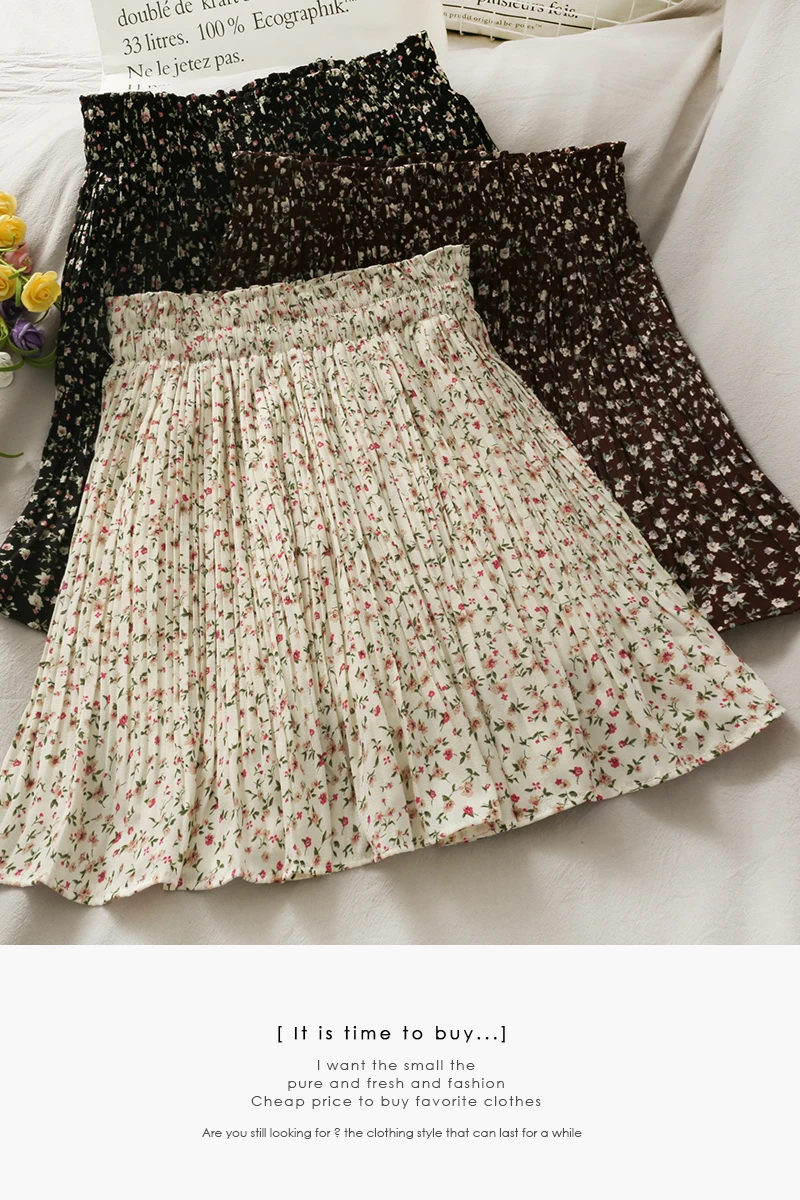 

2021 Spring Vintage shredded flowers high waist skirt women pleated skirts