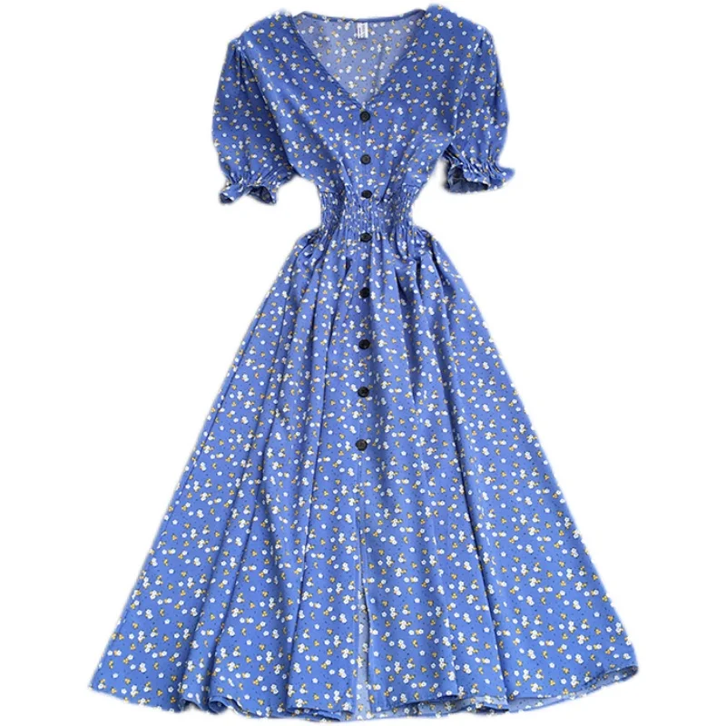 

dress in the summer of 2021 with han edition temperament v-neck single-breasted hubble-bubble sleeve A word long skirt