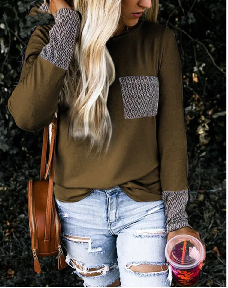 

Autumn Long Sleeve Plaid Patchwork T shirts Women O-neck Pocket Solid T-Shirt Tee Casual Loose Streetwear Oversized T shirt Tops