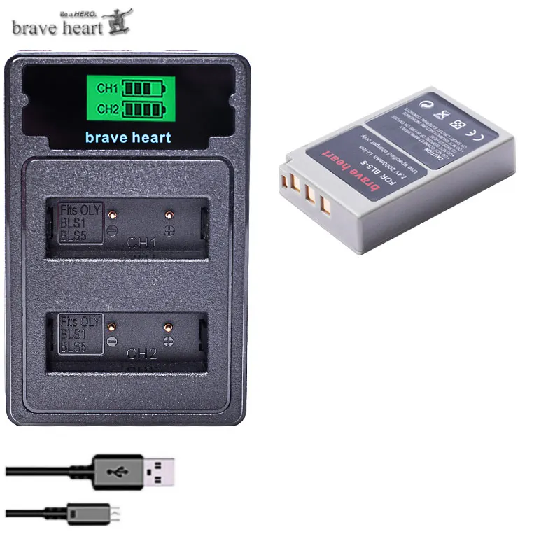 charger and 1battery TYPE-C двойное зарядное устройство+ 2000 мАч BLS-5 BLS5 Bls50 батарея для Olympus OM-D E-M10, Mark III, Mark II, PEN E-PL2, E-PL6, E-PM2, Stylus 1 - Цвет: charger and 1battery