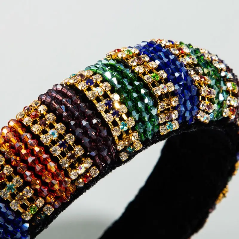 

Baroque Jewelry Sponge Padded Bandana Shimmer Multicolored Rhinestone Striped Headband Crystal Beaded Chain Hair Hoop