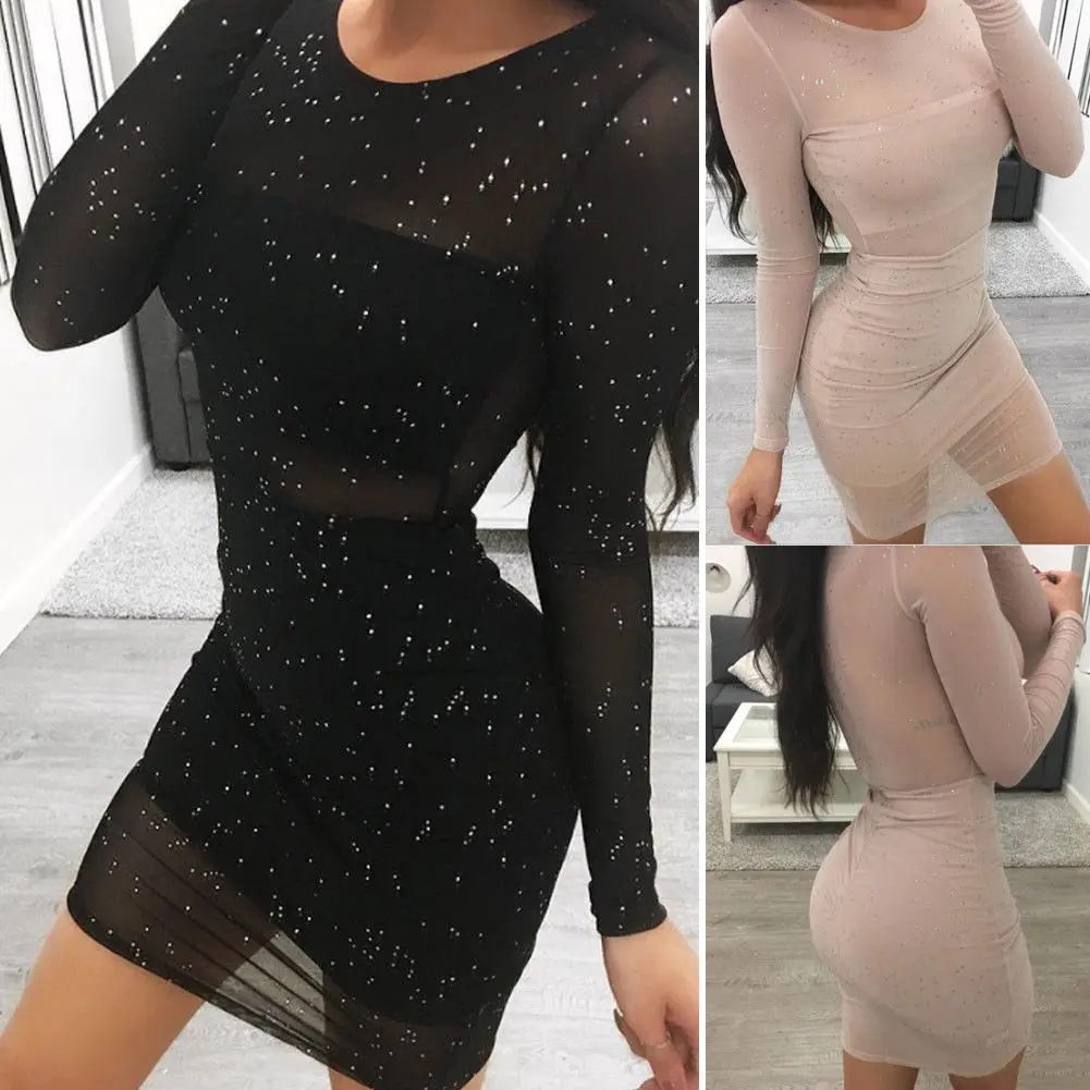 

Women Ladies Sexy Dress Hot See through Long Sleeve Mesh Sequined Vestido Bodycon Evening Party Clubwear Pencil Mini Dress