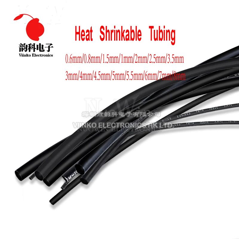 5 Meter/lot 2:1 Black 0.6mm 0.8mm 1mm 1.5mm 2mm 2.5mm 3mm 3.5mm 4mm 4.5mm Heat Shrink Heatshrink Tubing Tube Sleeving Wrap Wire