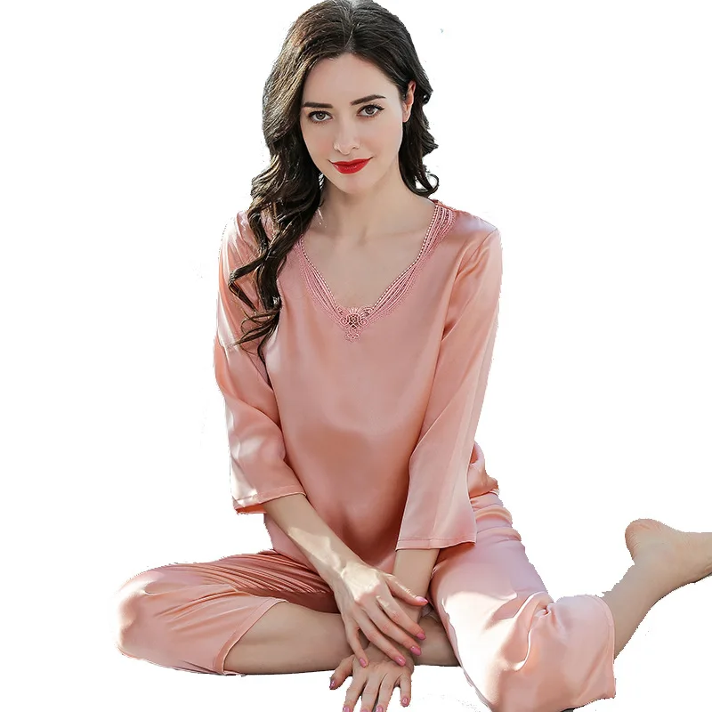 Women's Silk Pajamas Summer Thin Section Long Sleeve Suit Loose Tracksuit Two-Piece Spring and Autumn