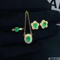 kjjeaxcmy fine jewelry 925 sterling silver inlaid natural emerald lovely pendant ring earring set support test chinese style