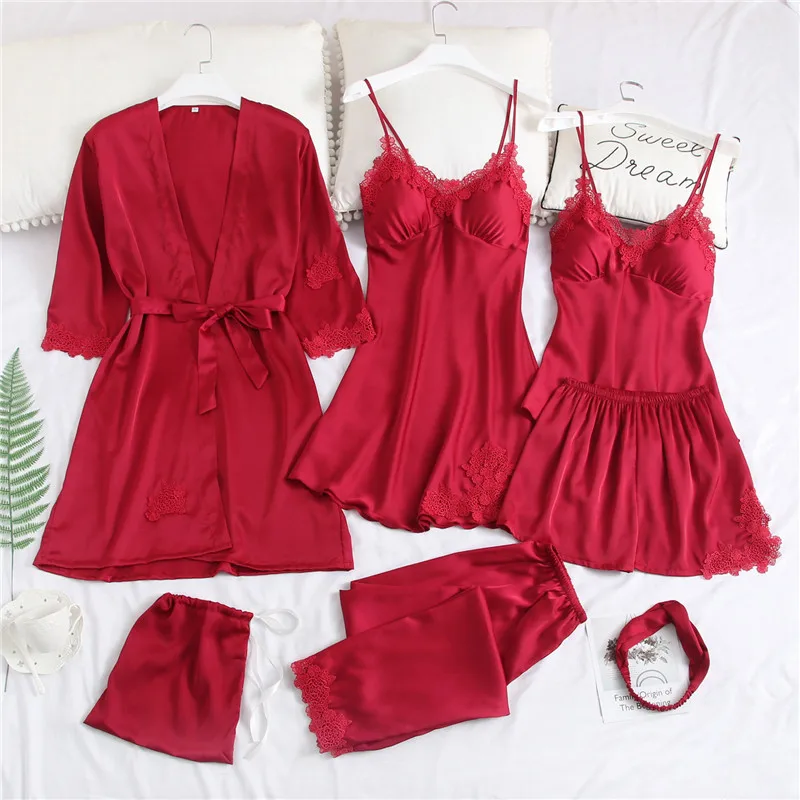 

Satin Lace Pajamas Set Women 5PC Strap Top Pants Sleepwear Sleep Suit Spring Autumn Pyjamas Home Wear Nightwear Robe Gown M-XXL