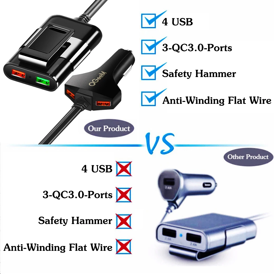QGEEM 4 USB Автомобильное зарядное устройство для iPhone Quick Charge 3,0 Автомобильное портативное зарядное устройство молоток Передняя Задняя QC3.0 Быстрая зарядка для телефона автомобильное зарядное устройство
