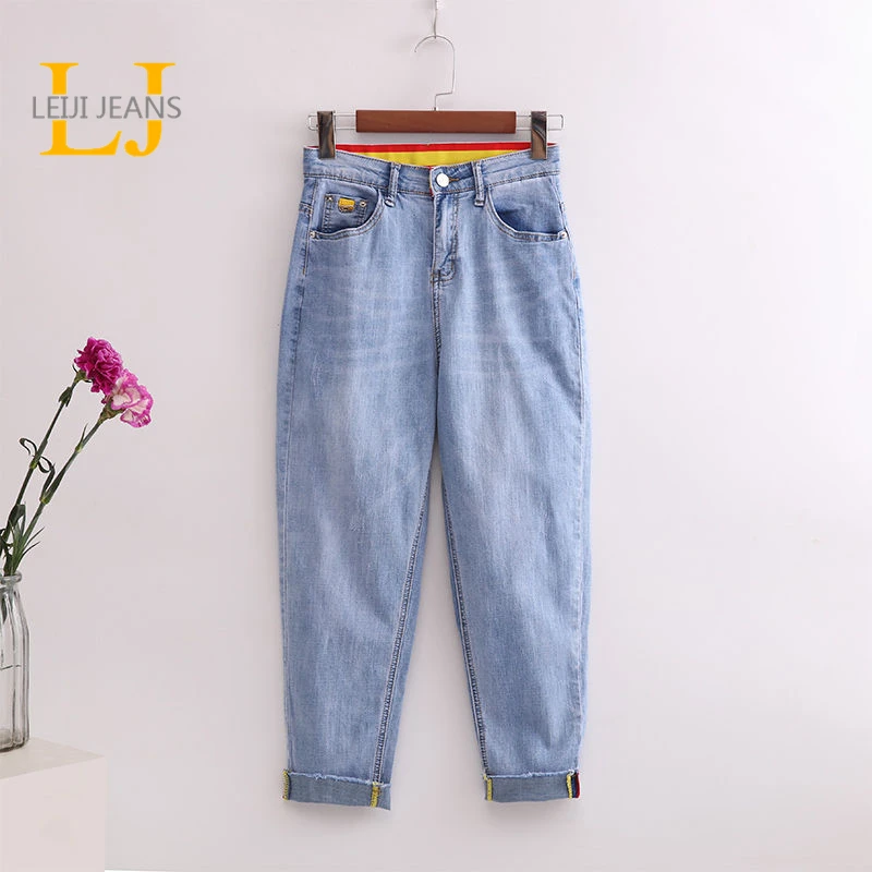 Женские джинсы с высокой талией Leijijeans Синие Джинсы бойфренда эффектом усов