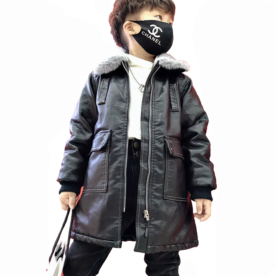 Купи Winter Boys Pu Jacket Coats For 3t-14Yrs Boys Winter Clothes Turn-down Collar Faux Leather Plus Velvet Windproof Waterproof Coat за 1,961 рублей в магазине AliExpress