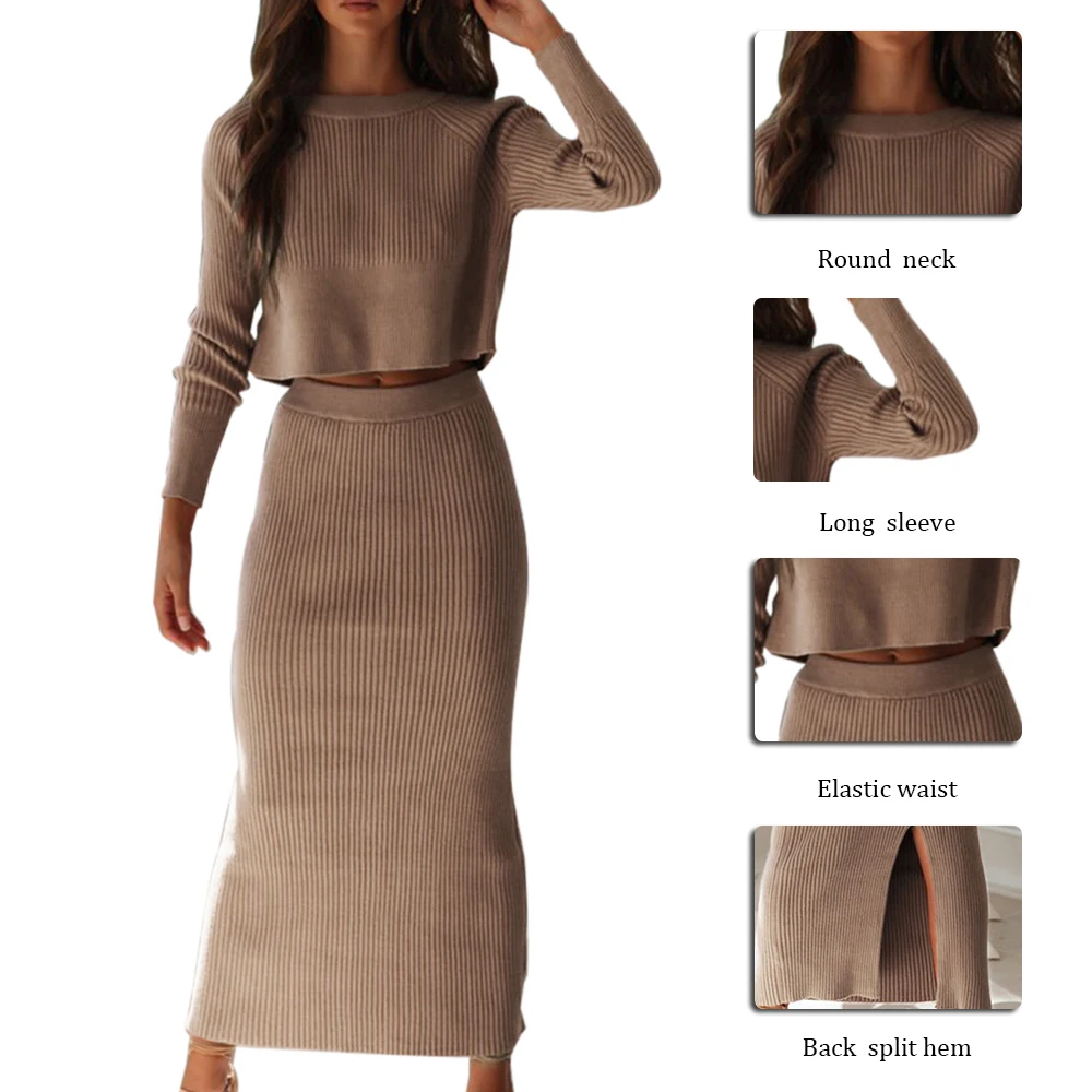 Vertvie Autumn Two Piece Sets Knitted Elegant Tracksuits Female Casual Warm White Sweater Skirts Sexy Lady Winter Suit Sets 2Pcs