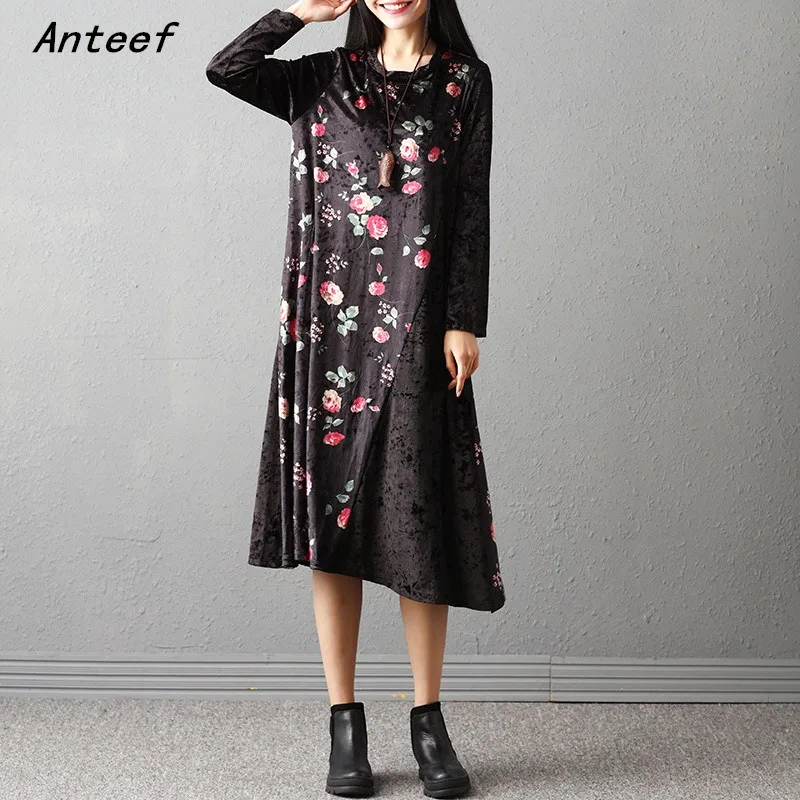 

long sleeve velvet vintage floral dresses for women casual loose autumn winter dress elegant clothes 2021 ladies
