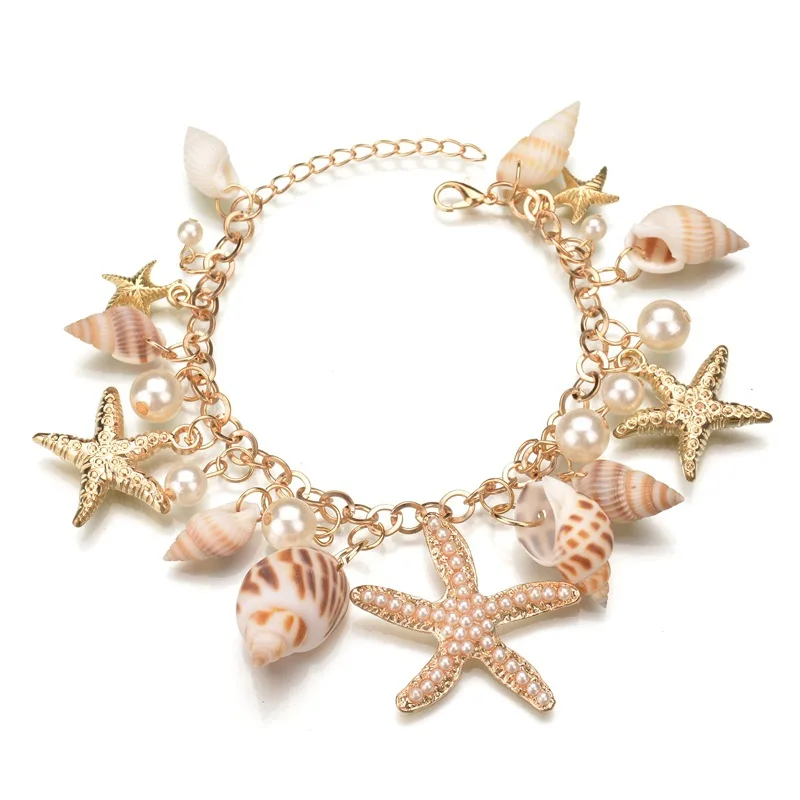 

New Bohemia Trendy Woman Bracelet Starfish Shell Pearl Enamel Pendant Wristband Jewelry Alloy Bangle Accessory Gifts for Friends