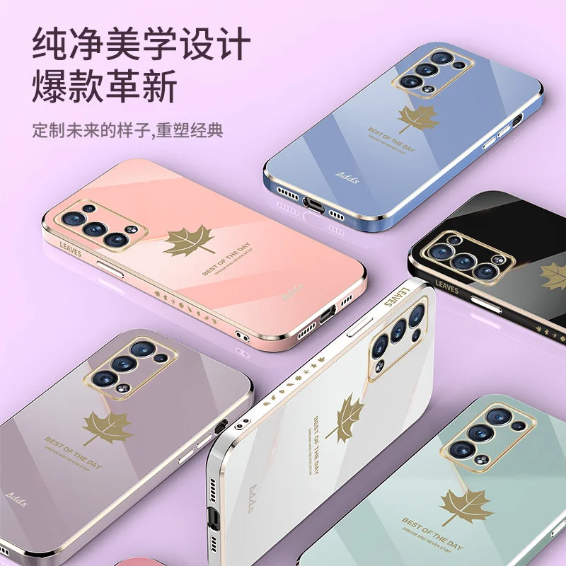

Applicable to oppo reno6pro + straight edge electroplated mobile phone case a92s creative 6D electroplated maple leaf all