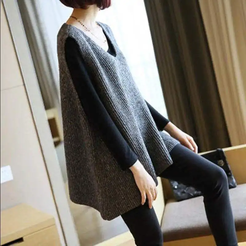

Mid-length Loose V-neck Sweater Vest Femal Plus Size Sleeveless Solid Color Simple Fashion Knitted Sweater Pullover Women Spring