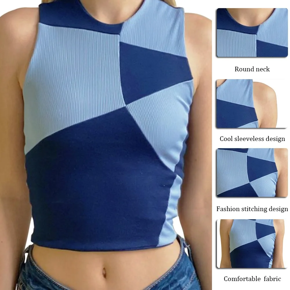 

2021 Patchwork Sleeveless Crop Top Women Off Shoulder Summer Y2K Brown Blue Casual Shirts Sexy Tank Top Knit Fashion