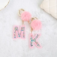 1pc women keychains 26 glitter hollowed out words handbag english letter keyring with puffer ball charms
