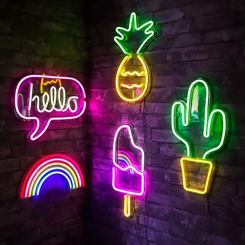 

Night Ligh USB Powered Banana Cactus Pineapple Coconut Tree Love Popsicle Hello Rose Led Backplane Neon Lights for Bedroom Decor